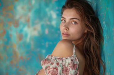 Wall Mural - A beautiful woman leaning against a blue wall.