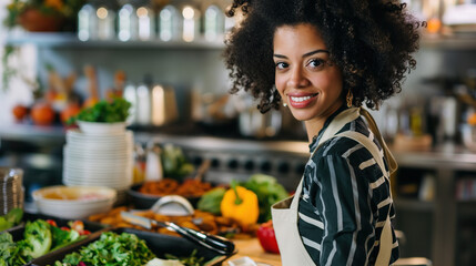 Wall Mural - African American woman with curly hair, wearing a stylish apron standing behind the counter in her restaurant's kitchen. diversity business woman success