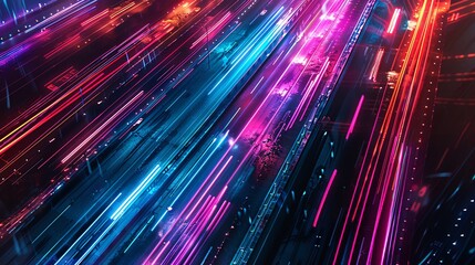 Poster - Dynamic neon light trails in vivid blues and pinks creating an abstract, futuristic look, perfect for tech and digital-themed designs.