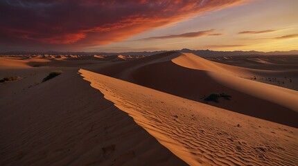 Wall Mural -  sand dune in the middle of a desert with a bright red and orange sky above it