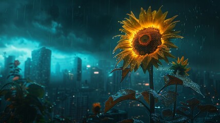 cyberpunkthemed wilted sunflower with neon highlights, set against a futuristic cityscape under a da