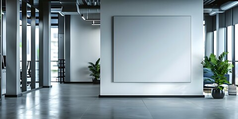 Mockup of blank corporate branding logo on white wall in modern office. Concept Mockup Design, Corporate Branding, White Wall, Modern Office, Blank Logo