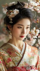 Wall Mural - Beautiful Asian Woman Wearing Traditional Japanese Kimono with Cherry Blossoms