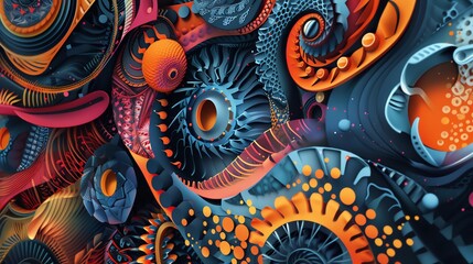 Poster - Colorful abstract digital art with vibrant swirling patterns and intricate details in blue and orange hues.