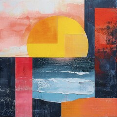 Wall Mural - A geometric and colorful abstract interpretation of a beach sunset, top-down view with bold shapes, offering a contemporary and creative perspective.