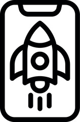 Poster - Modern flat design rocket launch smartphone icon for mobile app and web interface with black and white vector silhouette, perfect for technology, business, and communication concept