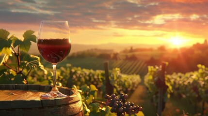 Wall Mural - Glass of red wine resting on a rustic wine barrel, overlooking a beautiful vineyard landscape at sunset
