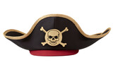 A black pirate hat with a gold skull and crossbones emblem on the front and gold trim around the brim. Perfect for costume parties, Halloween, or pirate-themed events.