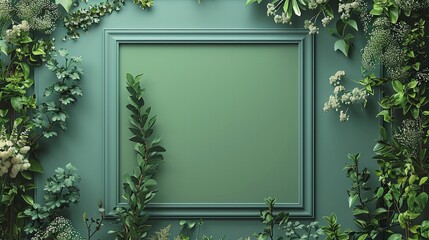 The image is a 3D rendering of a green wall with a blank frame