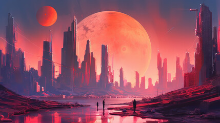 Wall Mural - Space landscape on alien planet with mountains and sun in the style of 80s sci-fi book art.