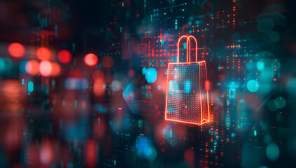 Canvas Print - Digital data background with a glowing shopping bag icon and code, symbolizing cyber security in online retail and the importance of secure transactions and data protection in e-commerce.