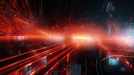 Poster - Abstract technology burst with glowing wires and particles in motion. Technology and science dynamic background.