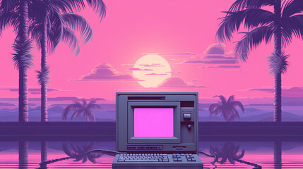 Poster - vaporwave styled scene with computer and palms in purple color