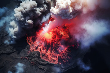 Wall Mural - volcano eruption from a bird view. volcano crater and magma flow shot from above. genertated ai.
