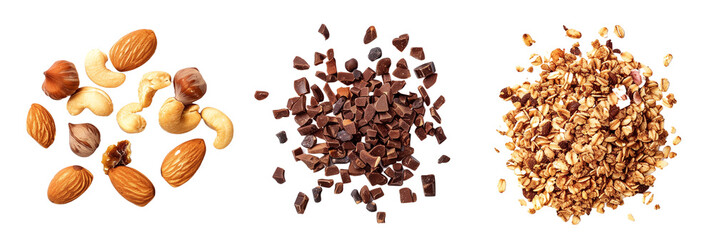 set of granola, including nut and chocolate, isolated on transparent background
