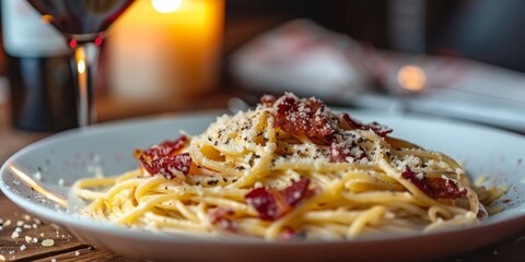 A plate of classic Italian spaghetti carbonara with creamy sauce and crispy bacon paired with a glass of rich red wine.