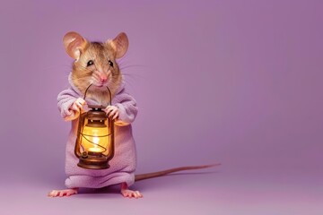 A mouse in pajamas, holding a lantern on a solid purple background with copy space