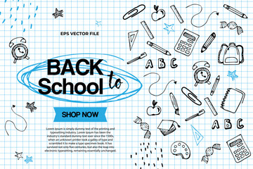 Back to school themed banner template in doodle style. Elements of stationery against the background of a piece of paper from a checkered notebook. To advertise school shopping