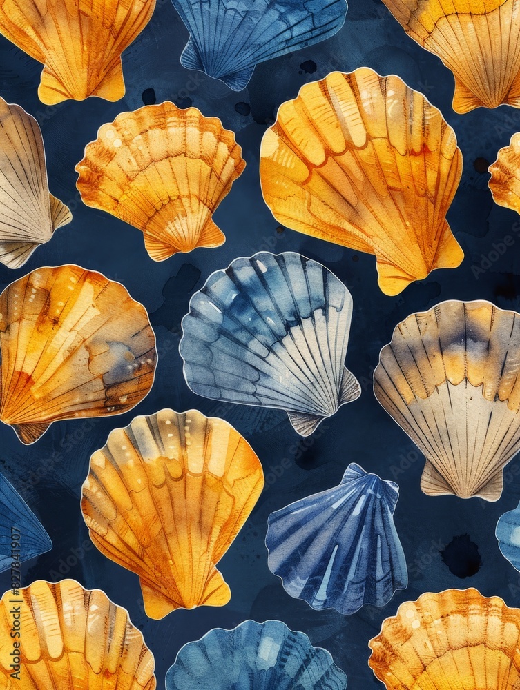 Seashells Arranged on Blue Background