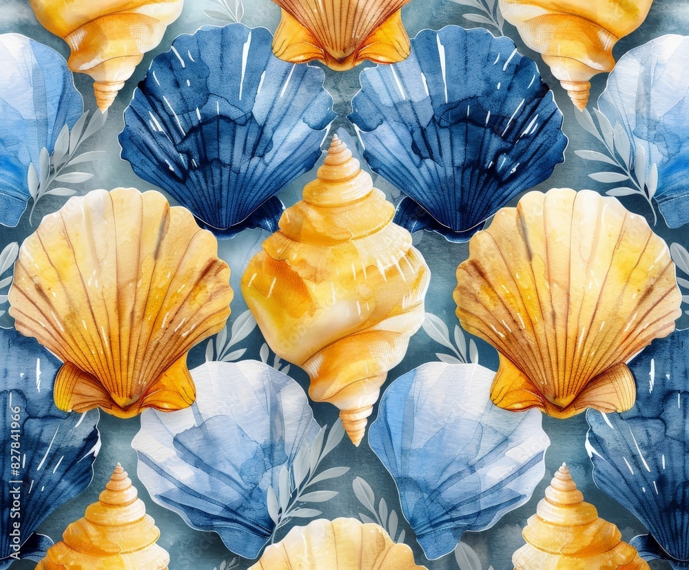 Watercolor Painting of Seashells and Leaves