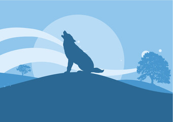  Wolf howling at the moon, wolf on the hill - vector illustration