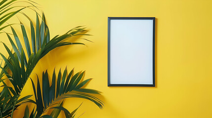Wall Mural - Blank photo frame - overhead view flat lay on a yellow background