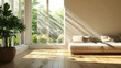 © Danielle - Empty living room with a sofa in light beige and light beige wall with large window and greenery view and sun light coming in