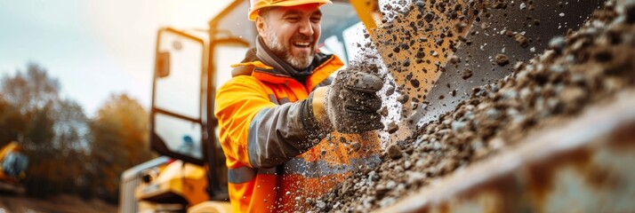 Wall Mural - A man wearing a hard hat and yellow jacket tossing gravel into a spreader machine on a construction site