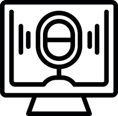 Poster - Black and white vector icon depicting a microphone with sound waves on a desktop monitor, ideal for multimedia concepts