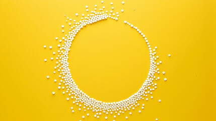 Wall Mural - Circle frame background with white dots - flat lay on a bright yellow background