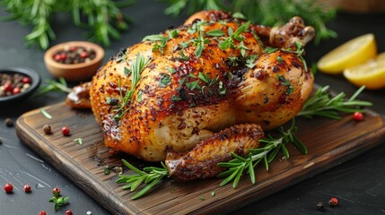 Wall Mural - roasted chicken with a golden crust with black background