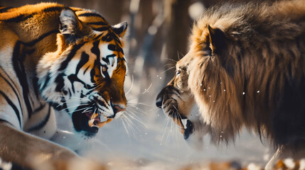 Closeup side view of tiger and lion heads standing face to face, wild cat power, jungle predators fight for power and authority, winter snow nature outdoors