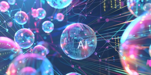 Wall Mural - 3d illustration For Artificial Intelligence Concept. A digital illustration of holographic chat bubbles with AI text, floating over an abstract background filled with code lines and binary numbers