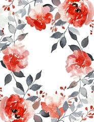 Sticker -  high resolution minimalist invitation with watercolor red and pink flowers, 5 x 7