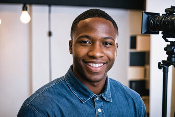 Young black male producer in a recording studio. Creative artist and composer working with modern digital equipment. Videographer and filmmaker in casual attire, smiling, engaged in media production.