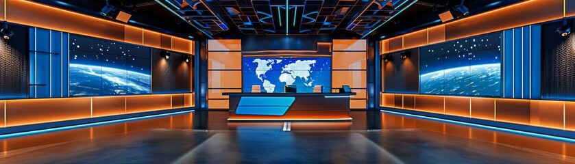 Stateoftheart news studio setup, with a stylish desk and panoramic backdrops, ideal for a news channel