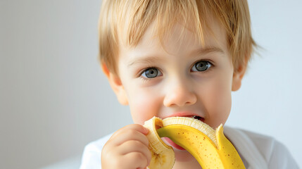 Closeup of little toddler boy eating banana fruit. Young kid or child healthy nutrition and diet, breakfast or snack at home