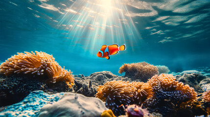 Wall Mural - Sea or ocean underwater landscape with orange anemonefish clownfish, rocks on the bottom and colorful corals. Aquatic marine wildlife, blue undersea environment fauna