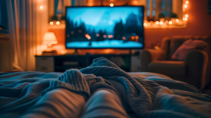 Person legs and feet covered with blanket, lying in bed and watching TV television on display monitor screen in room at night evening. Comfortable leisure lifestyle, technology entertainment, insomnia