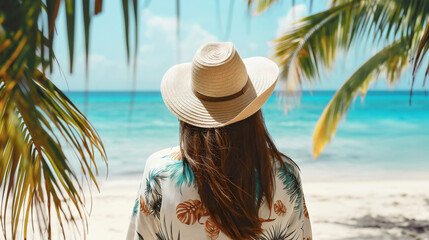 Wall Mural - Rear back view of young woman with brunette hair wearing straw hat and tropical palm tree pattern shirt, standing on sand beach, sea ocean water background. Exotic summer paradise nature tourism