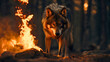 © Nemanja - Portrait of a dangerous wolf predator standing near the campfire flame in forest woods, wildlife nature in dark night outdoors. Summer wilderness woodland animal, copy space