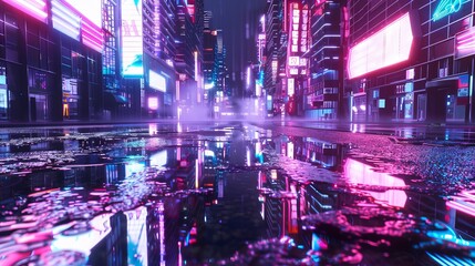 Wall Mural - 3D rendering of an abstract neon mega city with light reflections from puddles on the street. Concept for nightlife, a never-sleeping business district, with a cyberpunk theme.