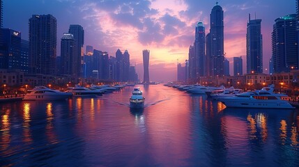 A view of Dubai Marina at dusk.