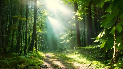 Wall Mural - A path winding through a forest, with sunbeams shining through dense tree canopy, A dense forest canopy with sunlight streaming through the leaves onto a moss-covered trail