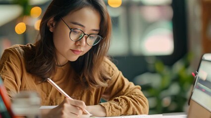 Poster - asian woman in glasses focused on writing on paper, a determined asian woman developer sketching out