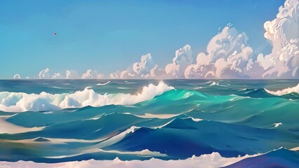 Wall Mural - Painting depicting a blue ocean with white clouds under a clear sky, A digital interpretation of a tranquil blue ocean scene with gentle waves against a vibrant blue background