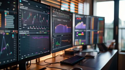 Canvas Print - Computer monitor displaying graphs on a wooden desk in a digital workspace, A digital workspace with screens displaying graphs and charts