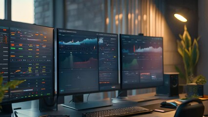 Poster - two computer monitors displaying graphs on a desk in a digital workspace, a digital workspace with s