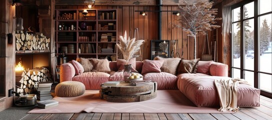 Poster - Cozy living room with a pink color scheme, featuring a plush pink sofa, warm lighting, and rustic wooden accents
