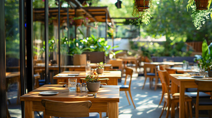 Nobody in empty restaurant or cafe garden with wooden tables and chairs and green plants. Outdoor dining seat decoration, public elegant nature lunch setting